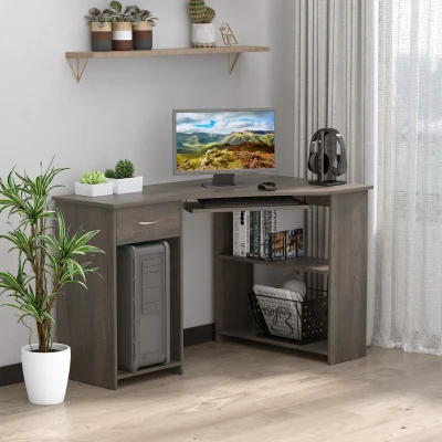 HOMCOM L-Shaped Computer Desk Grey with Shelves & Drawer