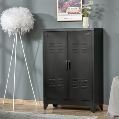 HOMCOM Aktenschrank Metallschrank Mehrzweckschrank mit magnetischer Lamellen-Doppeltür Verstellbarer Einlegeboden Büroschrank Aufbewahrungsschrank für Arbeitszimmer Wohnzimmer 75 x 33 x 110 cm Schwarz