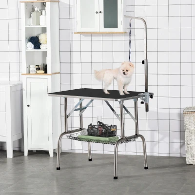 PawHut Trimmtisch Tierpflegetisch Schertisch mit Korb Hundepflegetisch klappbar Hundefriseurtisch Hunde Badetisch höhenverstellbar Edelstahl Schwarz