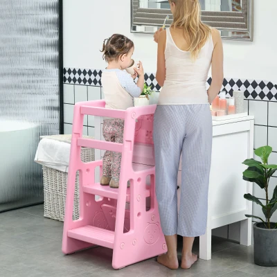 HOMCOM Torre de Aprendizaje para Niños Taburete Infantil con Altura Ajustable en 3 Posiciones para Cocina Baño 47x47x90 cm Rosa