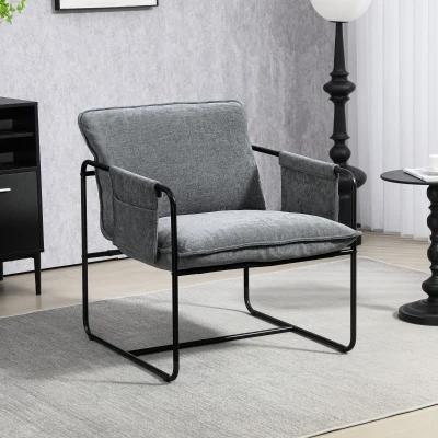 HOMCOM Butaca Moderna para Relax con Tapizado en Chenilla Estructura de Acero y Reposabrazos con Bolsillos 68x76x81 cm Gris