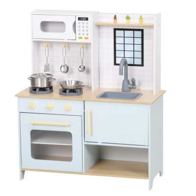 AIYAPLAY Spielküchen-Set, Kinderküche zum Spielen mit Mikrowelle, Herd und Backofen, Kochutensilien, MDF, Edelstahl, Blau