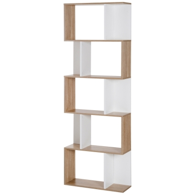 HOMCOM Estantería en Forma de S Alta con 5 Estantes Diseño Moderno para Salón Oficina 60x24x184,5cm Blanco y Madera(m-10)