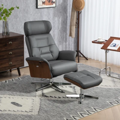 HOMCOM Relaxsessel mit Hocker, Liegefunktion, drehbar, Lederoptik, bis 150 kg, Dunkelgrau