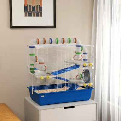 PawHut Hamsterkäfig mit 4 Ebenen, Kleintierkäfig mit Tunnelsystem, Hütte, Laufrad, für Zwerghamster, 78 x 45 x 73 cm, Blau