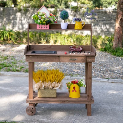 Outsunny Pflanztisch mit Schublade 2 Stufen Gärtnertisch mit waschbecken und Rollen Garten Tannenholz Braun 92 x 45 x 119 cm