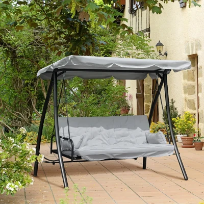 Outsunny Hollywoodschaukel Gartenschaukel Schaukel Schaukelbank mit Liege-Funktion, 3 Sitzer, Metall+Polyester, Grau, 209 x 114 x 170 cm