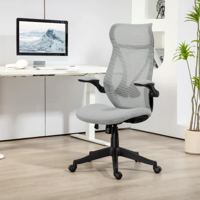 HOMCOM Silla de Oficina Giratoria con Altura Ajustable Reposabrazos Abatibles y Función de Basculante Carga 120 kg Gris Claro