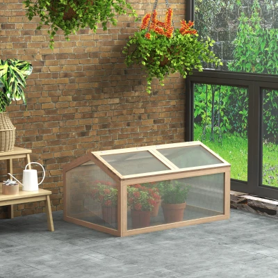 Outsunny Frühbeet Gewächshaus Treibhaus Frühbeetkasten Pflanzenbeet mit Abdeckung aus Holz und Polycarbonat wetterfest Natur 102 x 71 x 53 cm