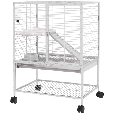 PawHut Cage Animaux 2 Niveaux Roulettes Gris 61,5x44,5x86cm