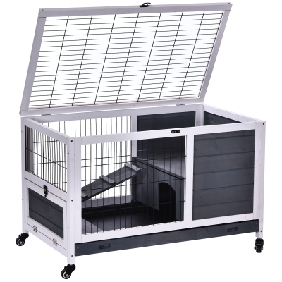 PawHut Wooden Rabbit Hutch Indoor Cage with Openable Roof White