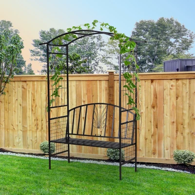 Outsunny Pflanzbogen mit Bank Sitzbank Torbogen Rankgitter Rankhilfe Garten Bogendach Metall Schwarz 154 x 60 x 205 cm
