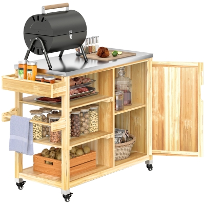 Outsunny Buitenkeuken Eiland, Grillwagen met Kast en Planken, Keukentrolley van Hout en Roestvrijstaal, Met Wielen, Natuurhout