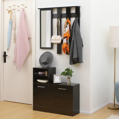 HOMCOM Recibidor con Espejo Perchero y Zapatero Muebles de Entrada con 6 Ganchos y Estantes para 8 Pares de Zapatos Negro