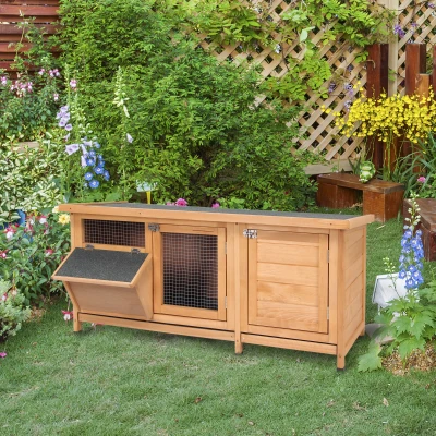 PawHut Kleintierstall Kleintierkäfig mit Bodenwanne Kleintierhaus mit Asphaltdach und Futtertrog Outdoor Indoor Tannenholz Natur+Schwarz 112 x 50 x 54 cm