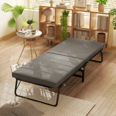 HOMCOM Klappbett, 70 x 190 cm Gästebett, mit 7 cm Schaumstoff-Matratze, verstellbare Rückenlehne, mit Rollen, Dunkelgrau