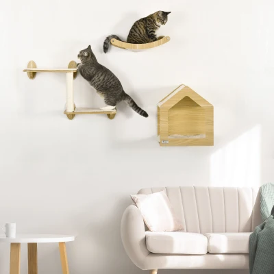 PawHut Juego de Escalada para Gatos de 3 Piezas Set de Pared con Estantes Cama  Hamaca y Poste de Sisal Color Roble