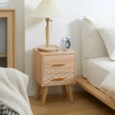 HOMCOM Bedside Cabinet Scandinavian Wood Legs Natural