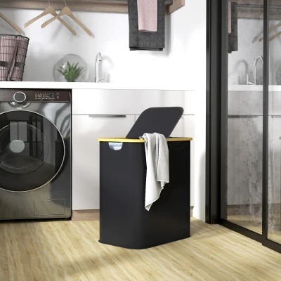HOMCOM Cesto Portabiancheria da 80L in Tessuto e Bambù Nero