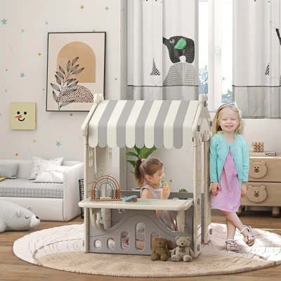 AIYAPLAY Kinder-Spielhaus mit dekorierten Fenstern, gewölbten Türen, Servierstation, 108x80x111 cm, Creme