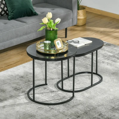 HOMCOM 2er-Set Couchtisch, Ovaler und runder Kaffeetisch, stapelbar, Marmoroptik, MDF, Metall, Ø50 x 50,5H cm, Schwarz