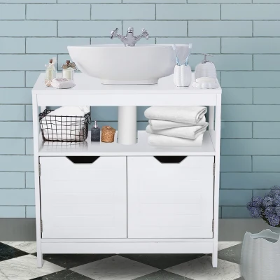 kleankin Armario para Debajo de Lavabo Gabinete de Baño con Estante 2 Puerta de Almacenamiento Dispositivo Antivuelco Resistente a la Humedad 60x30x60 cm Blanco