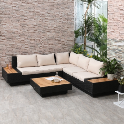 Outsunny Rattan Corner Sofa Set with Cushions Black