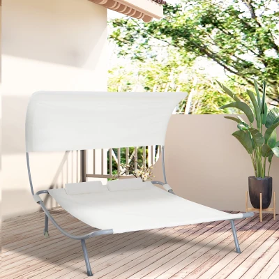 Outsunny Bain de Soleil 2 Places Toit Réglable Oreillers Acier Crème