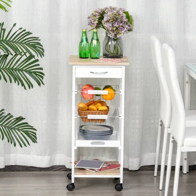 HOMCOM Mobile Kitchen Island Trolley White with Metal Baskets