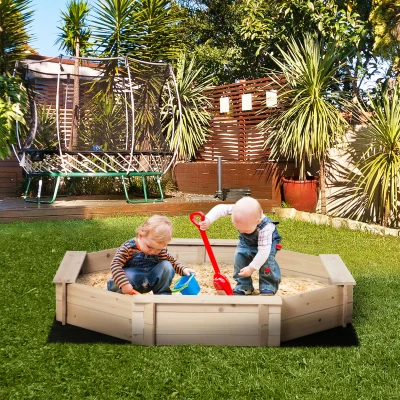 Outsunny Arenero de Madera para Niños de 3-8 Años con Cubierta de Poliéster para Patio Jardín 139,5x139,5x21,5 cm Natural