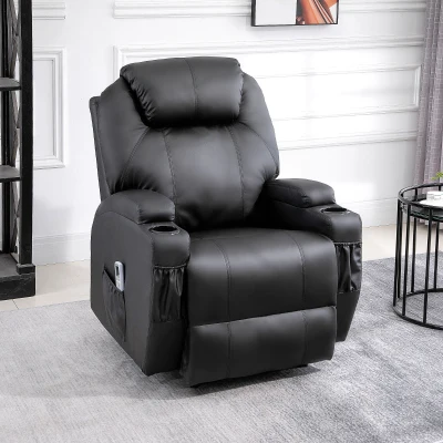 HOMCOM Massagesessel Elektrisch Relaxsessel Fernsehsessel Massagefunktion Liegefunktion TV-Sessel mit 2 Seitentaschen und Getränkehalter Kunstleder Schwarz 82 x 97 x 110 cm