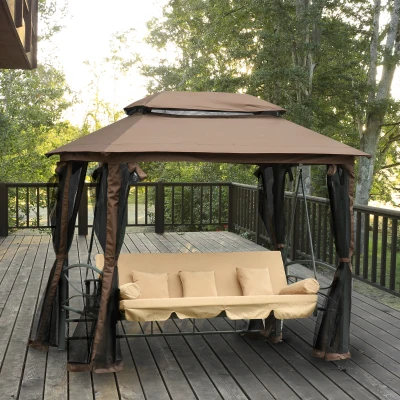 Outsunny Dondolo da giardino 257cm x 175cm x 24cm Telaio grigio, Tetto marrone chiaro, Cuscino cachi