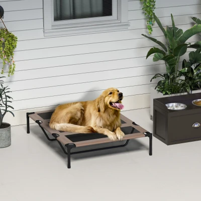 PawHut Cama Elevada para Perros Gatos Portátil Cama para Mascotas con Zona de Malla Transpirable y Tela Oxford para Interior Exterior 122x92x23 cm Café