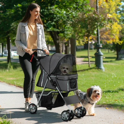 PawHut Carrito para Perros Pequeños con Toldo Ajustable Cesta de Almacenaje Portavasos y Ruedas 75x45x97 cm Gris Oscuro