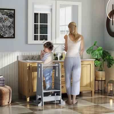 AIYAPLAY Torre de Aprendizaje para Niños con Pedal Altura Ajustable en 3 Niveles y Barrera de Seguridad 45x47,5x91 cm Gris