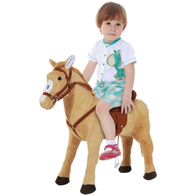 HOMCOM Reitpferd auf Rollen 60 cm Stehpferd mit Sattel, Zaumzeug Steigbügel Sound Spielpferd zum Reiten Draufsitzen Schaukeltier für Kinder ab 2 Jahre, Schaukelpferd Plüschpferd Indoor Outdoor Beige