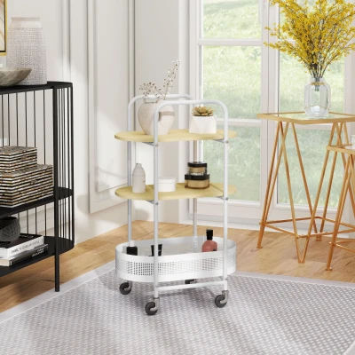 HOMCOM Carrito Auxiliar con Ruedas de 3 Niveles Carro de Almacenamiento con Cesta y Estantes 49,5x32,5x82,5 cm Blanco y Madera Natural
