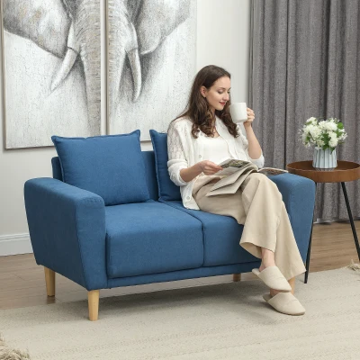 HOMCOM Zweisitzer-Sofa, moderne Stoffcouch, 2 Rückenkissen, Eukalyptus-Holzrahmen, 133 x 73 x 81 cm, Blau