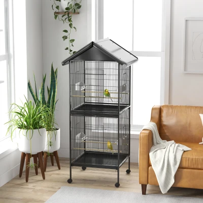 PawHut Jaula para Pájaros Grande de 2 Pisos Convertible en Sola Jaula con Ruedas Comederos 4 Perchas 78x75x168 cm Negro