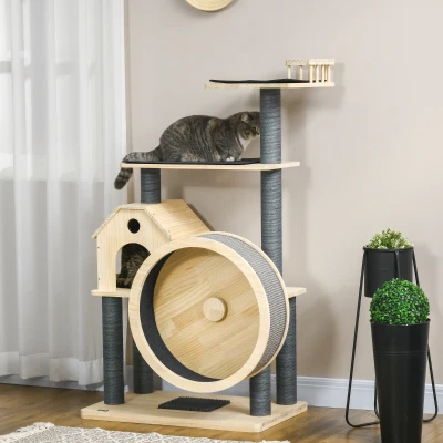 PawHut Katzenbaum mit Laufrad 4-Stock Kratzbaum Katzenhaus mit Sisalsäulen Katzenhöhle Kiefernholz Natur 80 x 50 x 143 cm