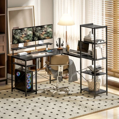 HOMCOM L-förmiger Schreibtisch mit Ladestation, Eck-Computertisch mit Monitorständer und Regalen, für Homeoffice, Büro, Schwarz