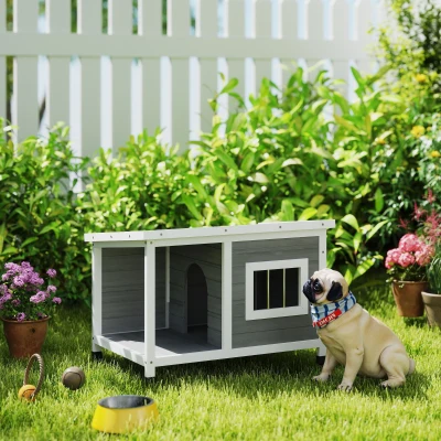 PawHut Casa para Perros de Madera 85,5x62x60 cm con Techo Asfáltico Abatible Puerta y Ventana para Perros Pequeños Gris