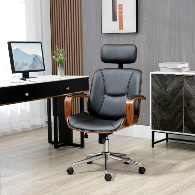 Vinsetto Silla de Oficina de Cuero PU Basculante con Reposacabezas Extraíble Altura Ajustable 63x62x110-120 cm Negro