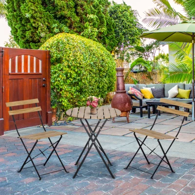Outsunny Bistroset für 2 Personen Klappbar Bistrotisch mit 2 Stühlen Gartenmöbel Metall Kiefernholz Natur