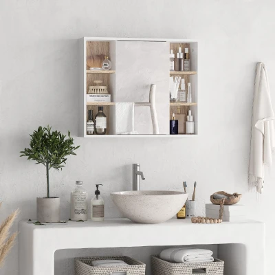 HOMCOM Armario Espejo con Espacio Interno con Estantes Ajustables Armario de Baño Montado en la Pared con Estantes Abiertos 60x14,5x49,4 cm Blanco y Roble