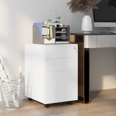 Vinsetto Rollcontainer Aktenschrank, 3 Schubladen, abschließbar, rollbar, 37 cm x 43,5 cm x 60 cm, Weiß