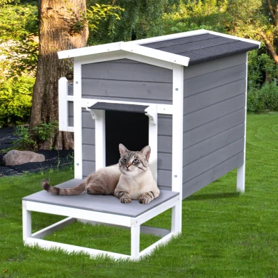 PawHut Cuccia per Gatti da Giardino 115cm x 66.5cm x 74.7cm grigio scuro e bianco