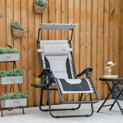 Outsunny Zero Gravity Patio Chair Grey with Shade & Cup Holder