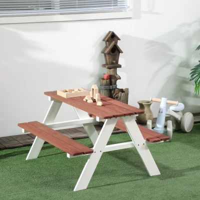 Outsunny Juego de Mesa y 2 Bancos Infantiles de Madera Mesa de Picnic para Niños de 3-8 Años para Jardín Patio 89x79x50 cm Marrón