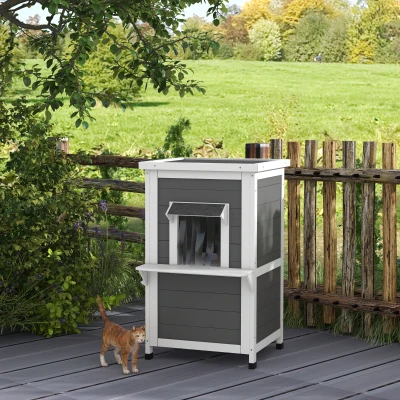 PawHut Katzenhaus, Katzenhütte, Outdoor, Wetterbeständig, 60 cm x 60 cm x 81.5cm, Weiß + Grau